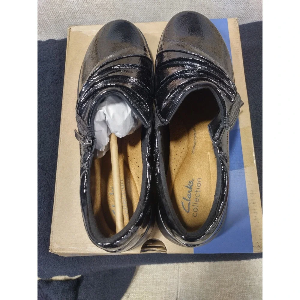 Clarks Collection Kaetlyn Mila Black Crinkle Patent Loafers Shoes 9.5 M New